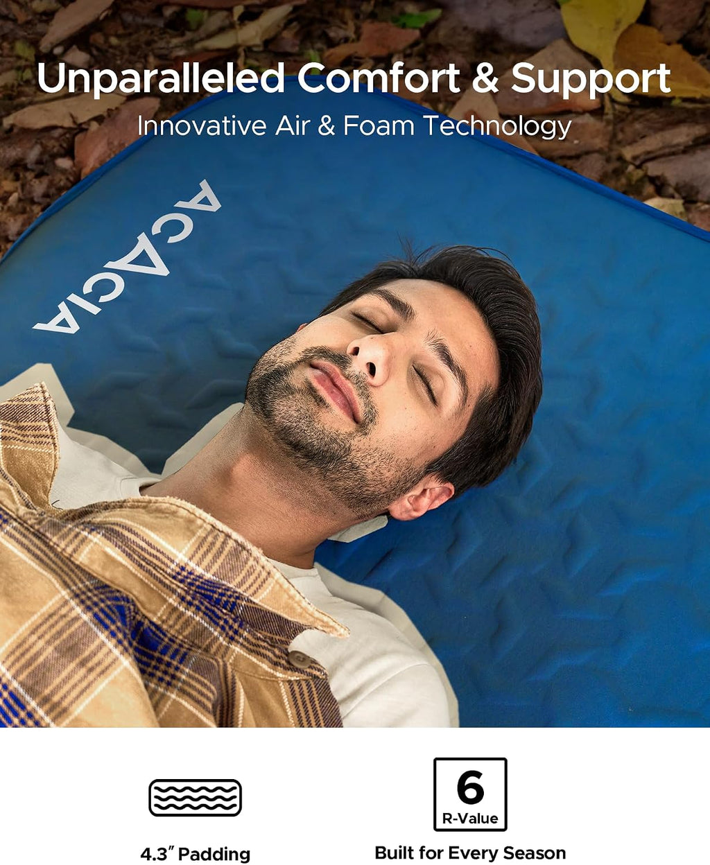 Acacia 4" Thick Self Inflating Sleeping Pad with Foam, Innovative Y-Shaped Telescopic Structure, Ultraportable Camping Air Mattress with Pump Sack, Easy Roll Up Sleep Bed for Travel Tent Car