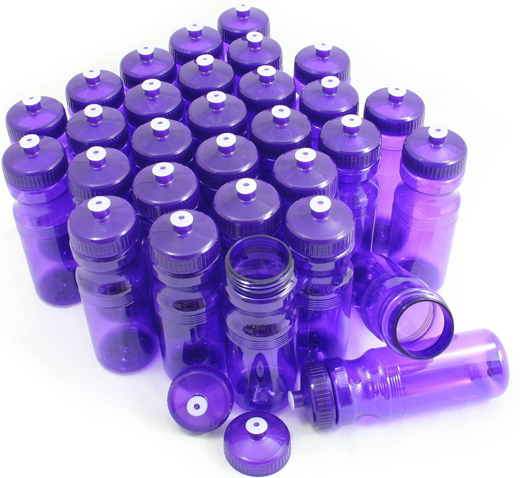 Rolling Sands Reusable Bulk Water Bottles 30 Pack - 24 Oz Sports Water Bottles, USA Made, BPA-Free, Wide Mouth for Easy Cleaning, Break Resistant - Translucent Purple Bottle/Purple Lid