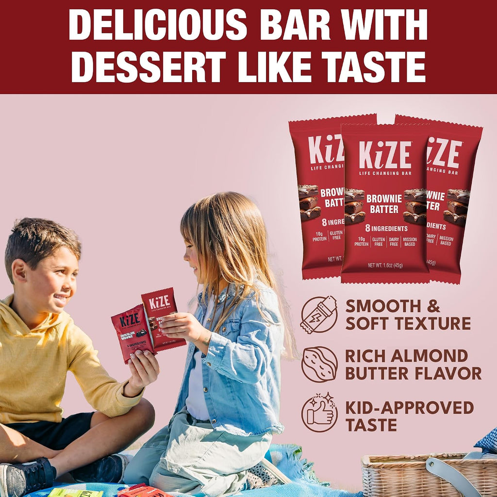 KiZE Energy Bars - Brownie Batter - 20-Count - Almond-Butter-Based, Gluten Free, Dairy Free, Non-GMO, and High Protein Meal Replacement Energy Bars, Clean and Simple Food Ingredients - 10g High Protein Snacks (20 Count)