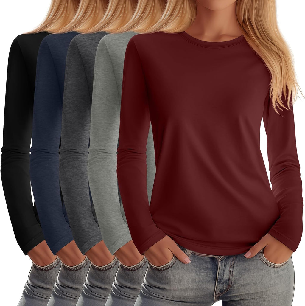 Huukeay 5 Pack Women's Crew Neck Long Sleeve Shirts