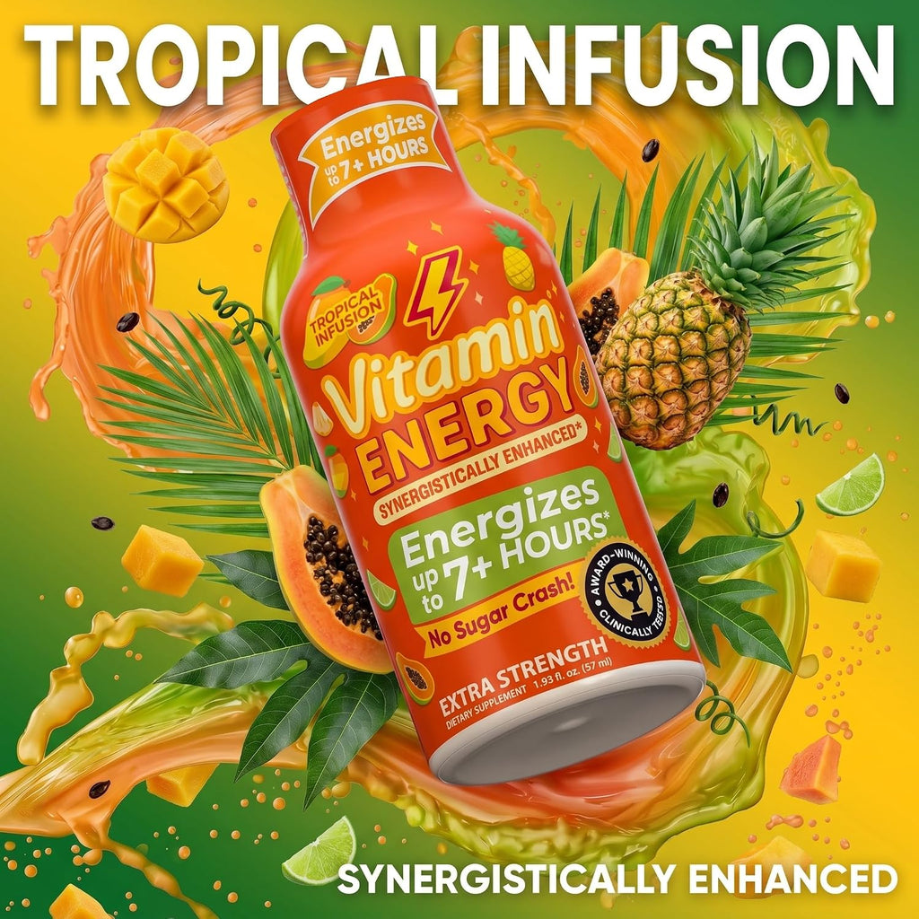 Vitamin Energy Tropical Infusion Extra Strength Energy Shot, 4 Pack - Up to 7 Hrs, 260mg Natural Caffeine, Zero Sugar - BCAAs + CoQ10, Focus Support, B12 B6 Niacin, 1.93 fl oz, Keto Vegan