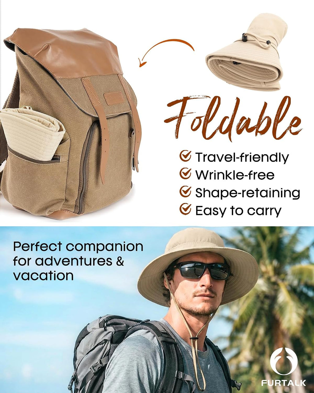 FURTALK Sun Hats for Men Women Packable Wide Brim Summer UV Protective Bucket Hat UPF 50+ Hat for Fishing Hiking