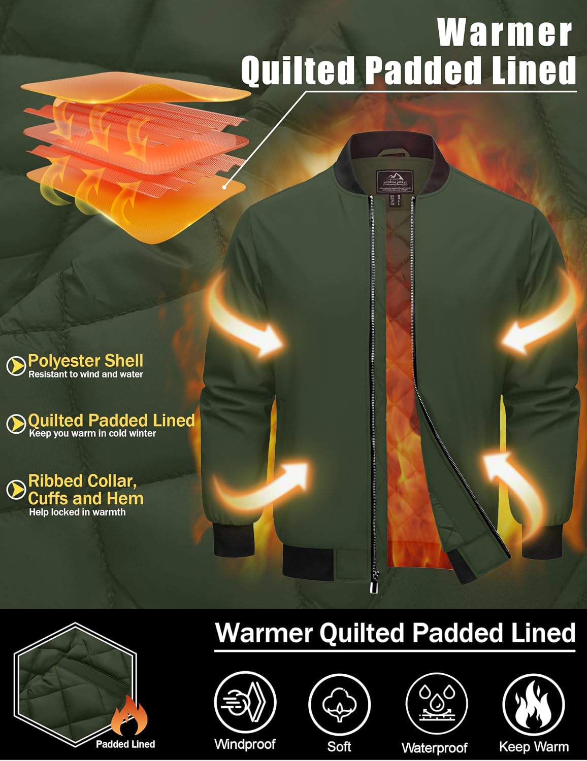 Cotrasen Men's Bomber Jacket Fall Winter Windbreaker Warm Quilted Coats