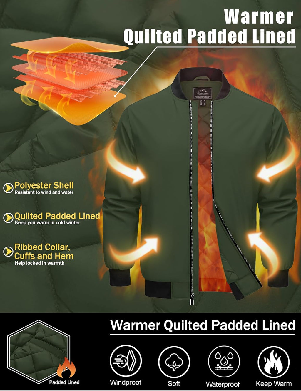 Cotrasen Men's Bomber Jacket Fall Winter Windbreaker Warm Quilted Coats