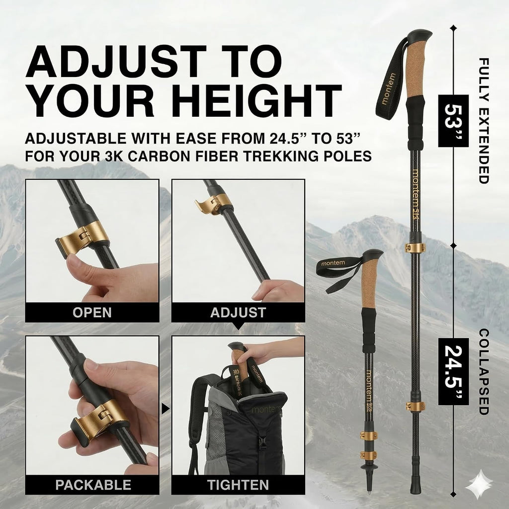 Montem Carbon Fiber Trekking Poles – Ultralight 3K Hiking Poles, Collapsible & Adjustable with Cork Grip, Quick Lock Walking Sticks for Backpacking & Travel (2-Pack)