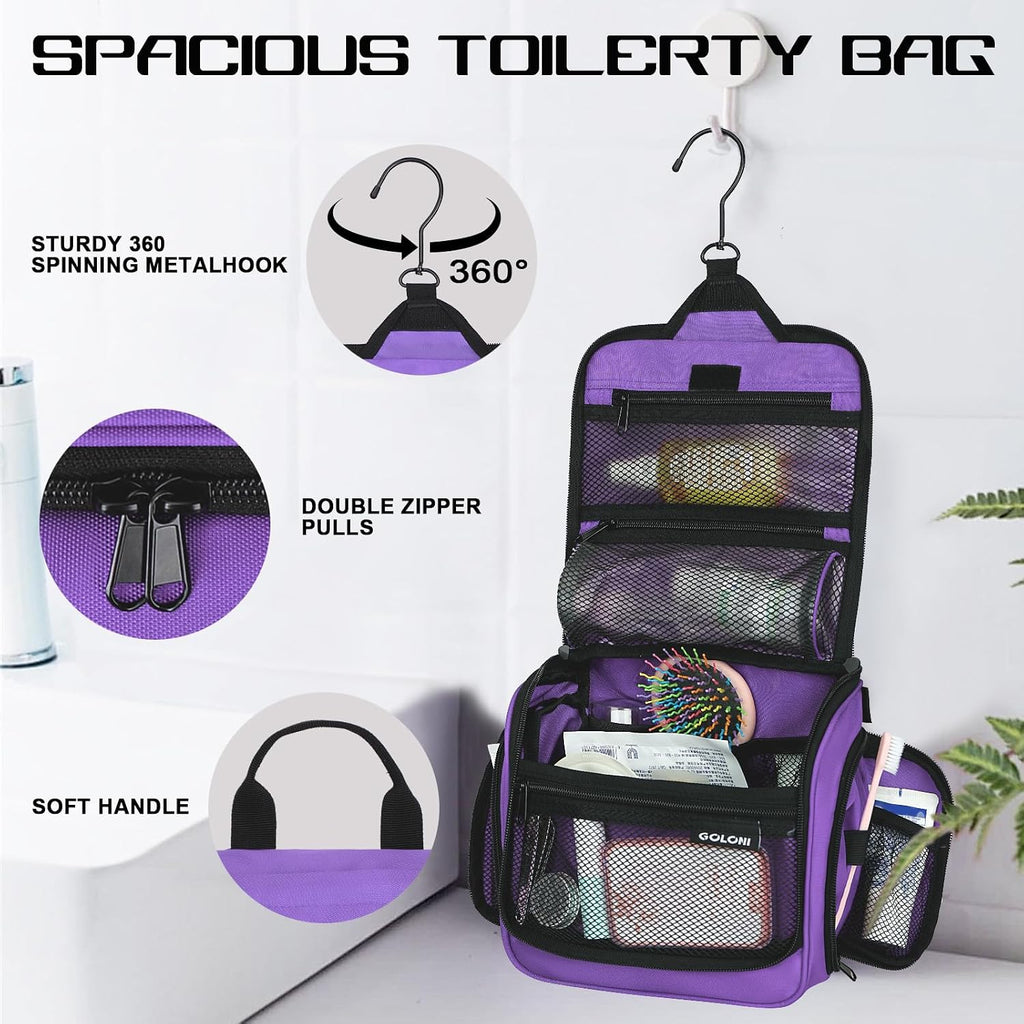 Goloni Hanging Toiletry Bag for Men Women, Water-Resistant Organizer,Purple