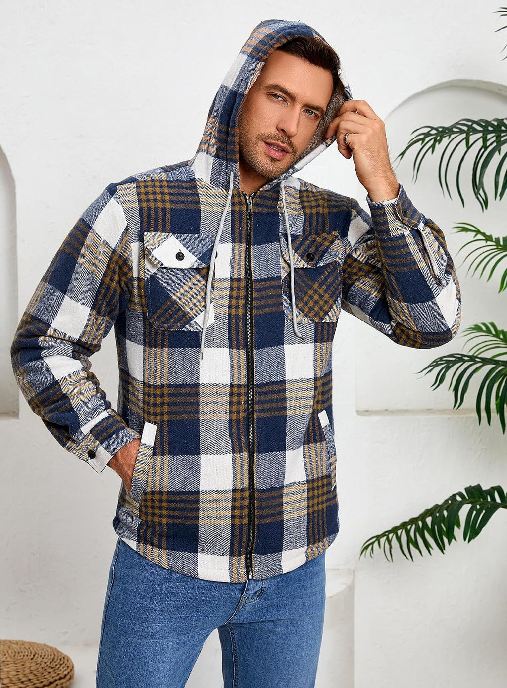 Men's Zip Up Flannel Shirt Jacket Fleece Lined with Hood
