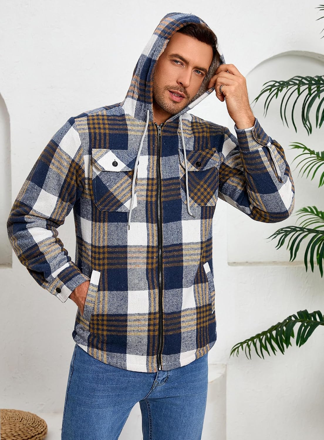 Men's Zip Up Flannel Shirt Jacket Fleece Lined with Hood