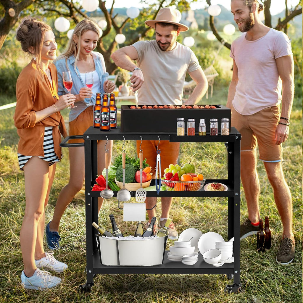 Outdoor Grill Cart Table, Pizza Oven Stand with Casters, Black