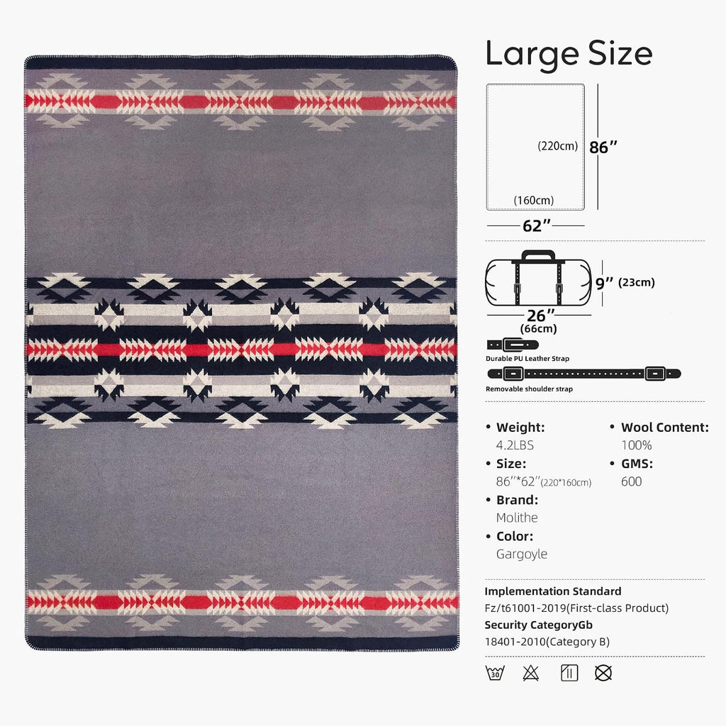Molithe 100% Wool Blanket, 62" x 86", Warm, Thick, Military, Camping Gear
