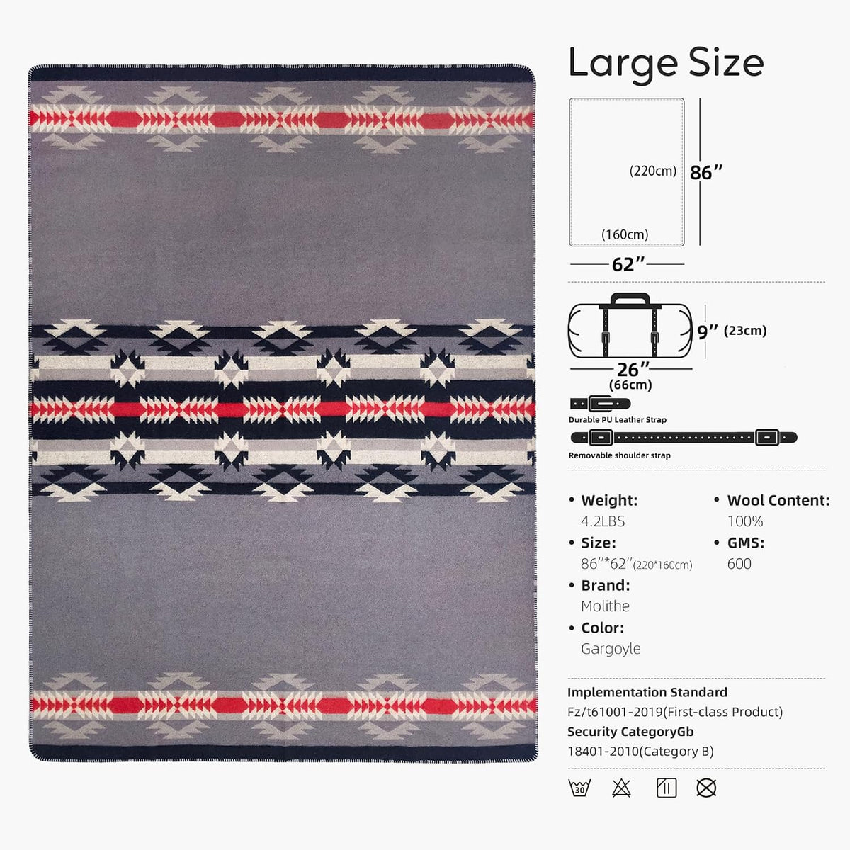 Molithe 100% Wool Blanket, 62" x 86", Warm, Thick, Military, Camping Gear