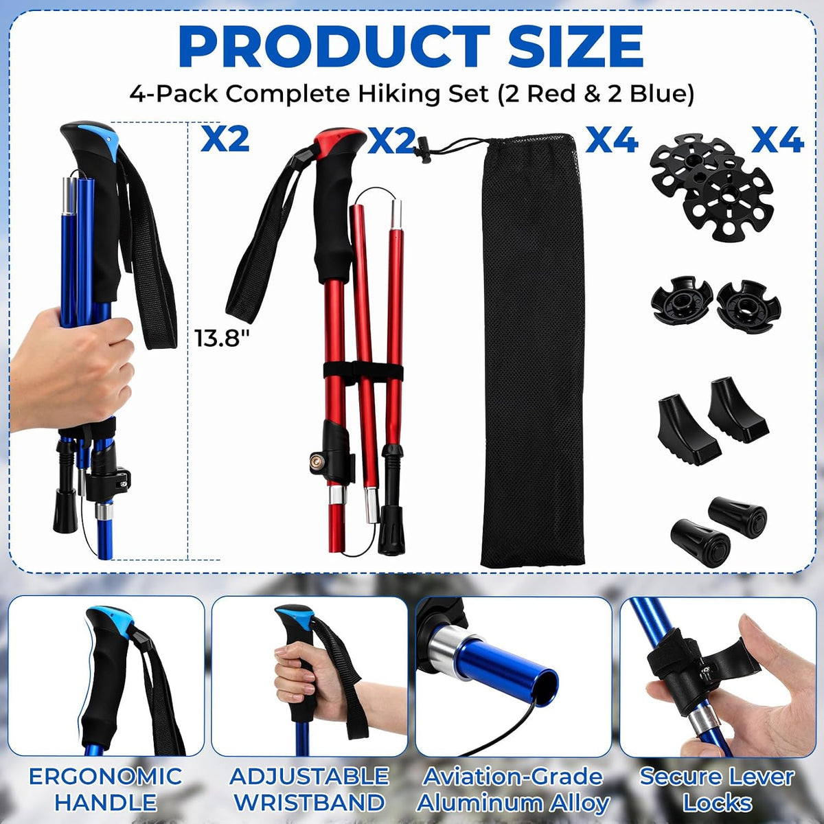 4 Pcs Trekking Poles Set, Collapsible Aluminum Hiking Poles, Adjustable Folding Trekking Sticks, Lightweight Travel Walking Sticks with Storage Bag for Adult Men Women