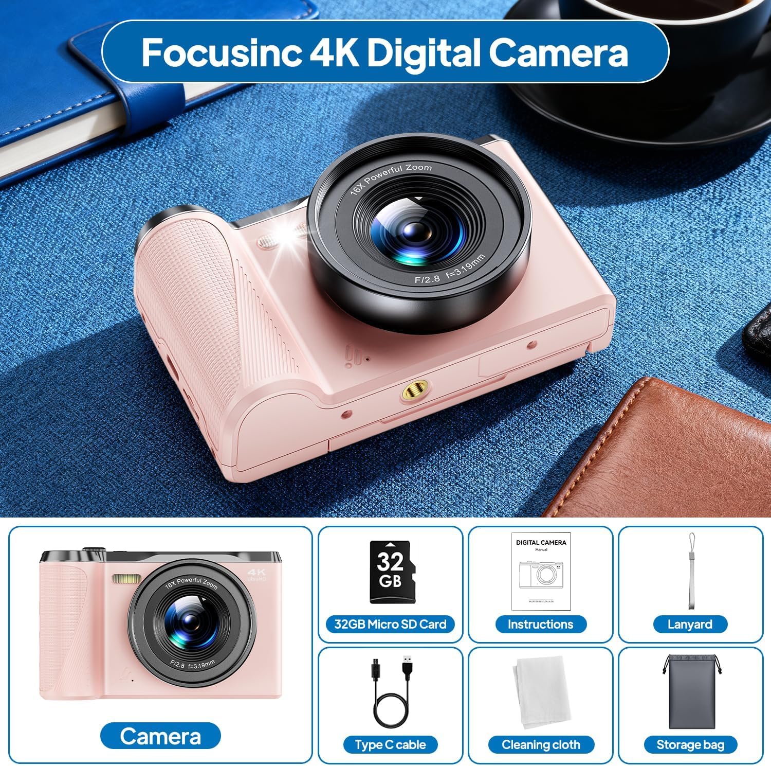 Focusinc 4K Digital Camera for Photography, Autofocus 56MP Vlogging Camera with 32GB SD Card, 3" 180° Flip Screen Compact Travel Camera for Teens Begnners with 16X Zoom,Pink
