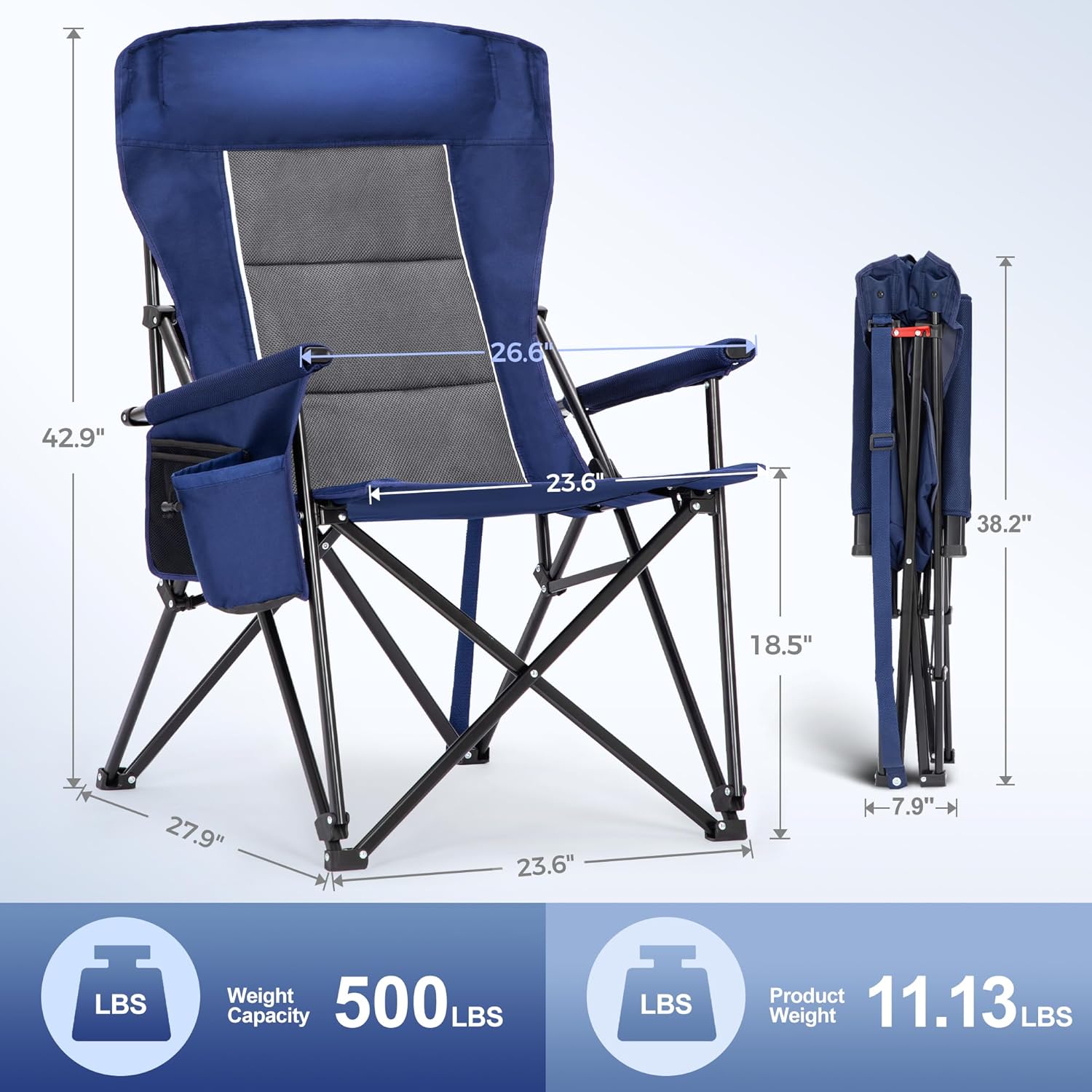 LET'S CAMP Oversized Camping Chairs High Back Lawn Chair 2 Pack(Blue)500LBS