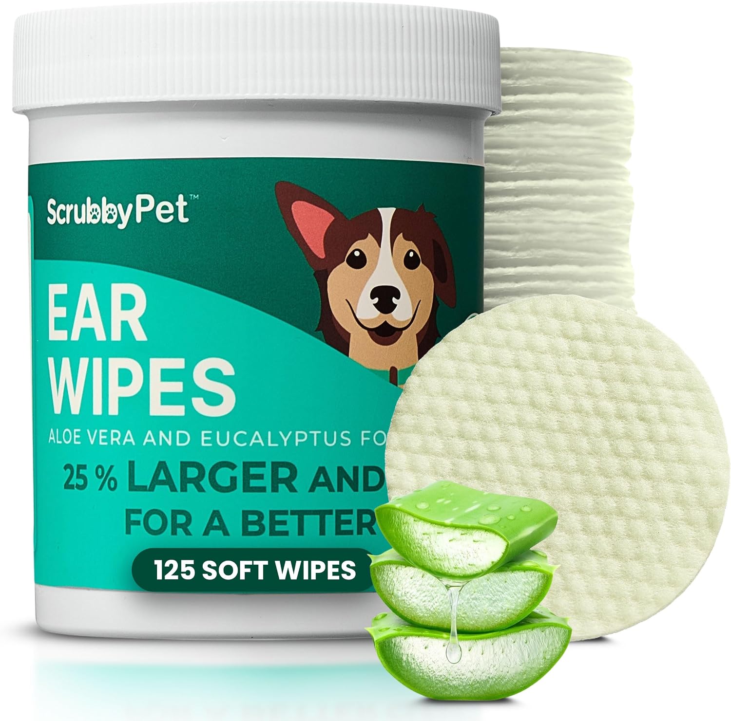 Scrubby Pet Dog Ear Wipes for Dogs | Extra Thick with Aloe Vera & Eucalyptus | 125 Count | Hypoallergenic Ear Cleaner for Dogs with Pearl Texture for Deeper Clean