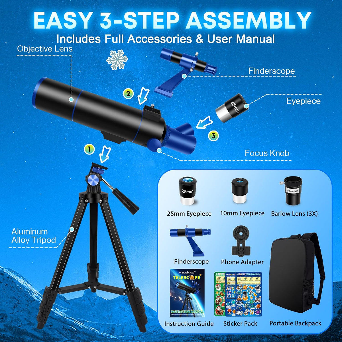 Hawkko Portable Telescope for Kids & Beginners 80mm Aperture 500mm