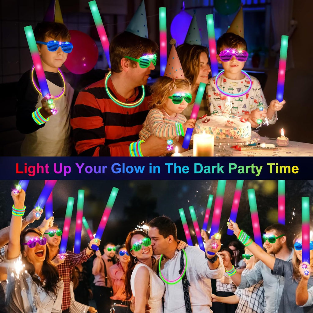 OLUPP 150 PCS Glow in the Dark Party Supplies, 16 Foam Sticks, 16 LED Glasses, 100 Glow Sticks and 18 Finger Lights for Neon Party, 4th of July, Wedding, Birthday, Concert, New Year, Carnivals, Raves