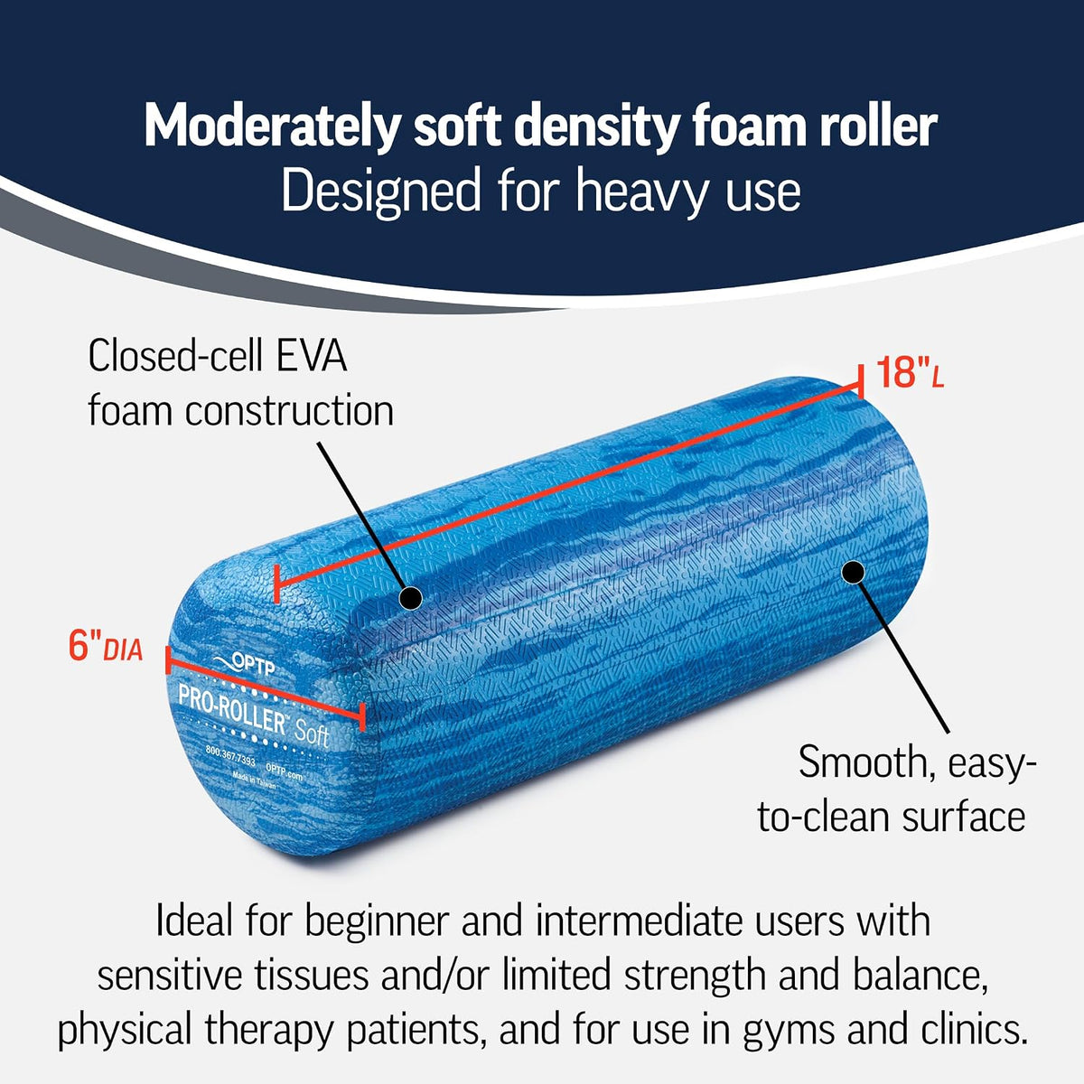 OPTP PRO-Roller Soft Density Foam Roller – Round, Short Blue, 18" x 6"