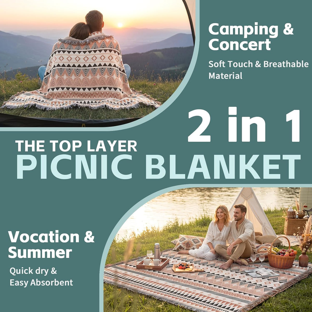RYCHIC 2 in 1 Extra Large Boho Beach Blanket Towel Giant Woven Outdoor Rug Picnic Mat Camping Gear Cruise Essential 2026 Summer Vacation Must Have Travel Accessories Costa Rica Hawaii Trip Stuff