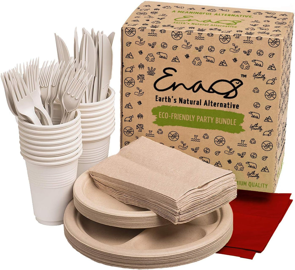 Eco-friendly Camping Supplies [16 Dinnerware Set] for Picnic Basket & Party Supplies. Compostable Paper Plates, Napkins, Biodegradable Utensils, Cups, Green Tablecloths, by Earth's Natural Alternative