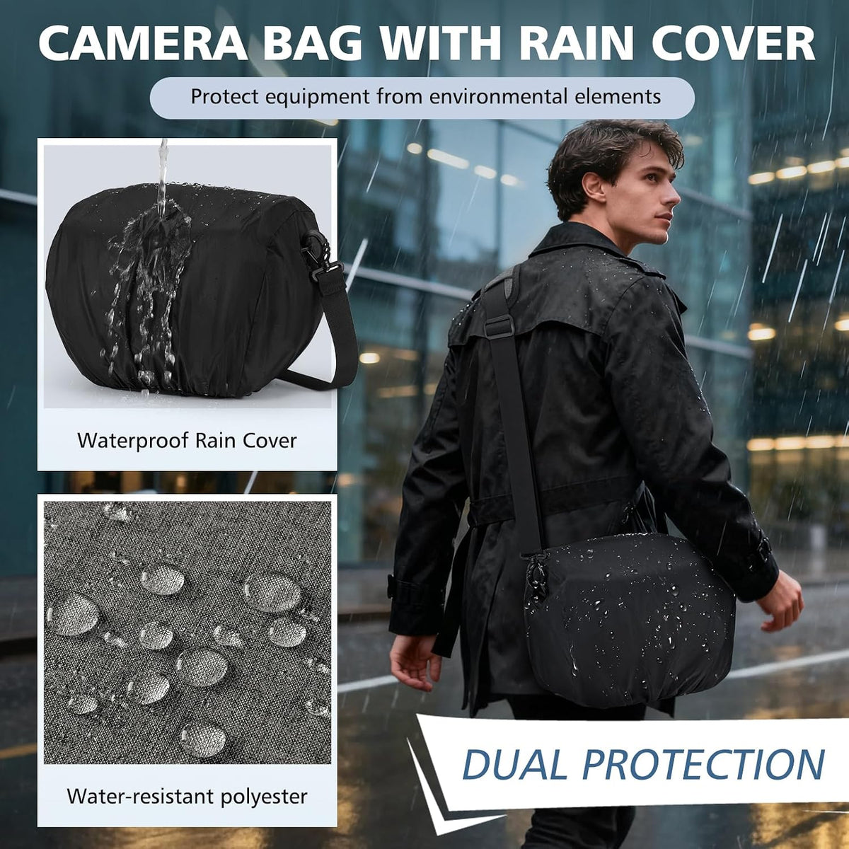 RAINSMORE Camera Bag, DSLR/SLR/Mirrorless Camera Sling Bag for Photographers Waterproof Small Camera Case with Tripod Holder & Rain Cover Camera Crossbody Bag for Canon/Nikon/Sony/Fuji, Grey
