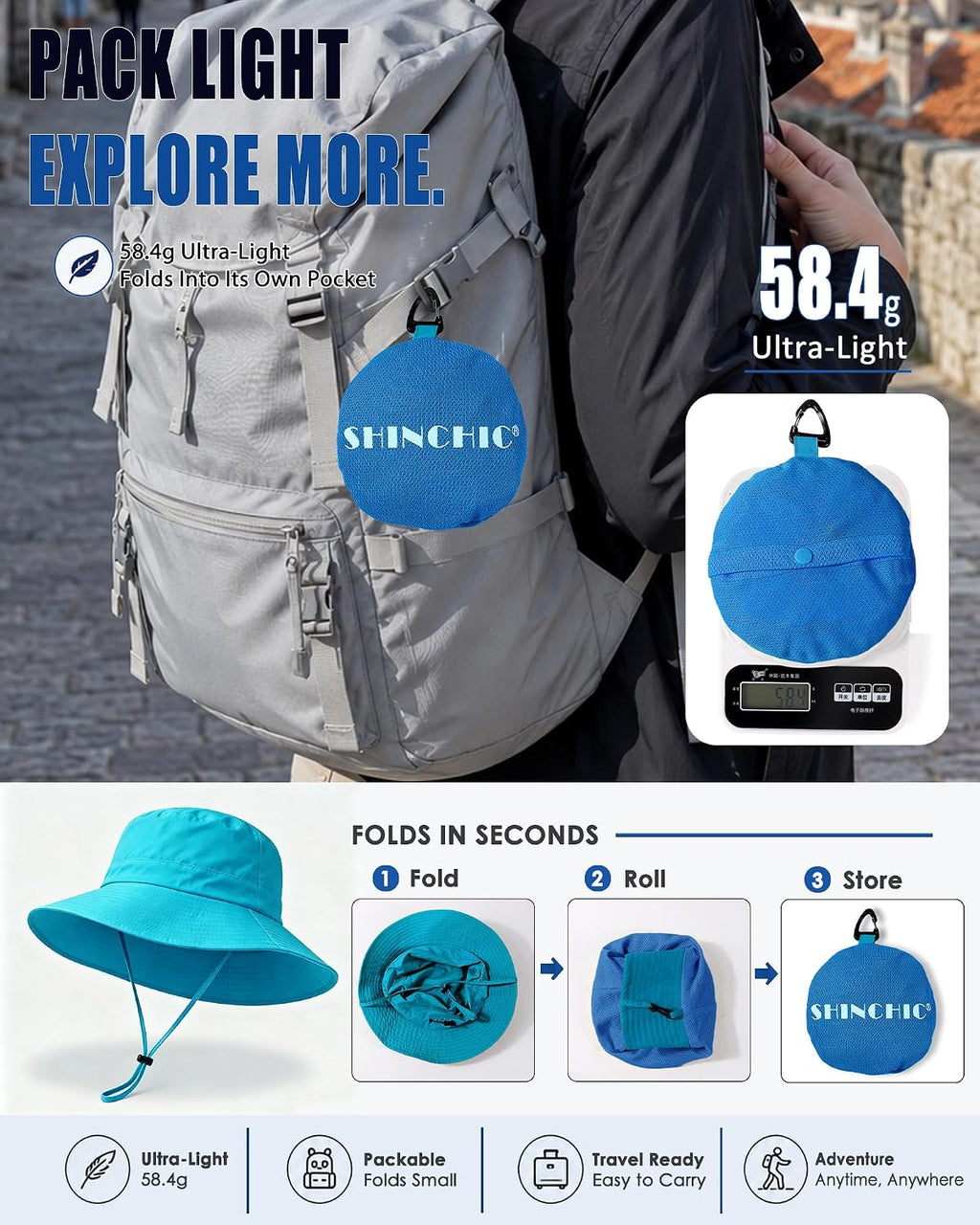 Water-Resistant UPF 50+ Sun Bucket Hat Packable Brimmed for Women Men