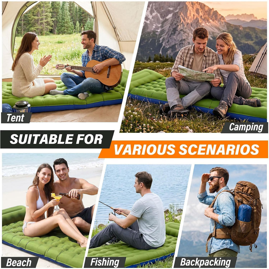 Camping Sleeping Pad, 6 inch Thick Ultralight Camping Mat with Pillow, Built-in Foot Pump Inflatable Sleeping Pads Compact for Camping Backpacking Hiking Traveling Tent,Single,Green