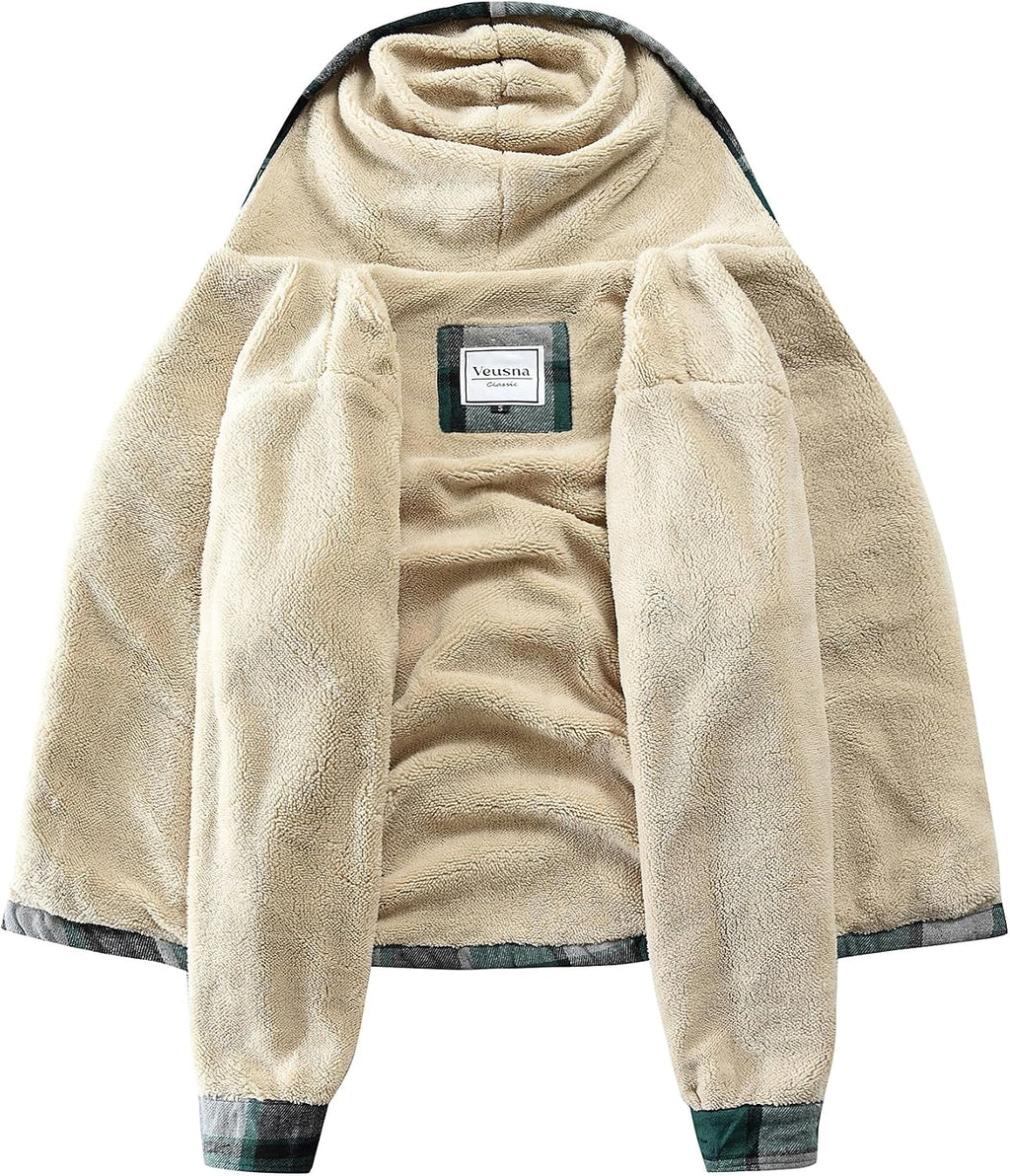 Men's Zip Up Flannel Shirt Jacket Fleece Lined with Hood