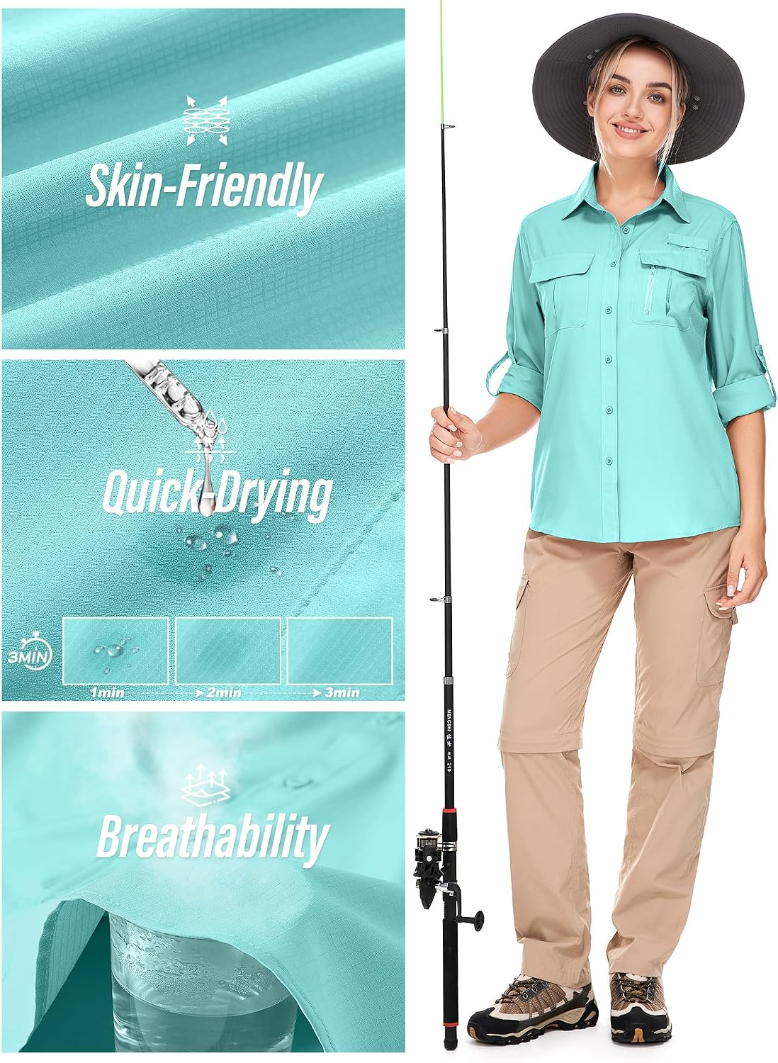 Women's UPF 50 Long Sleeve Sun Protection Safari Fish Hiking Shirts