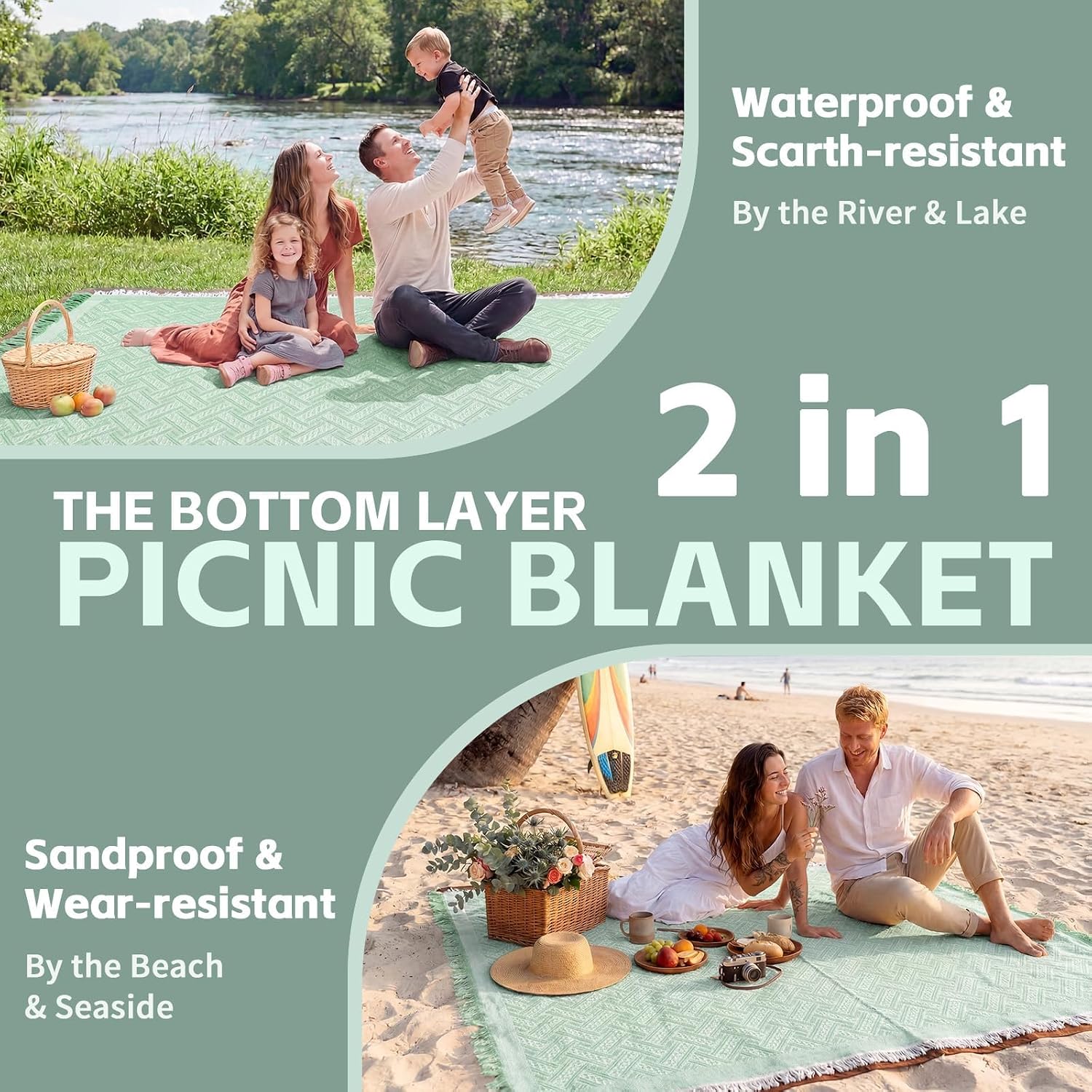 RYCHIC 2 in 1 Extra Large Outdoor Rug Picnic Mat Woven Summer Throw Blanket Boho Giant Beach Travel Essential Yoga Accessories Park Patio Lawn Garden Grass Ground Play Music Festival Concert Must Have