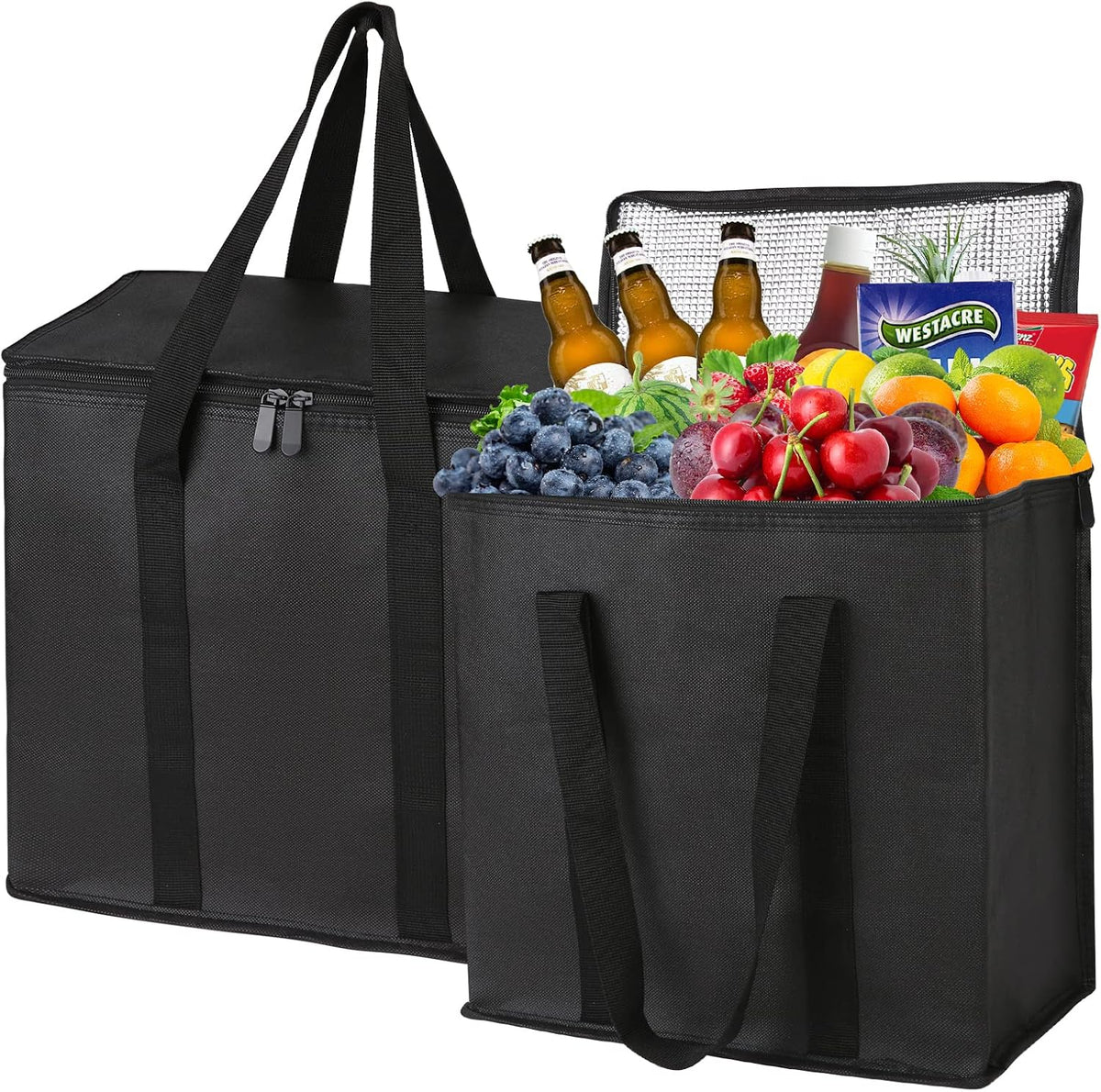 musbus 2-Pack extra Insulated Grocery shopping bag, large Blue, reusable bags,Pizza,Sturdy zipper,Collapsible,tote,cooler,for transport women,for instacart,Durable,thermal