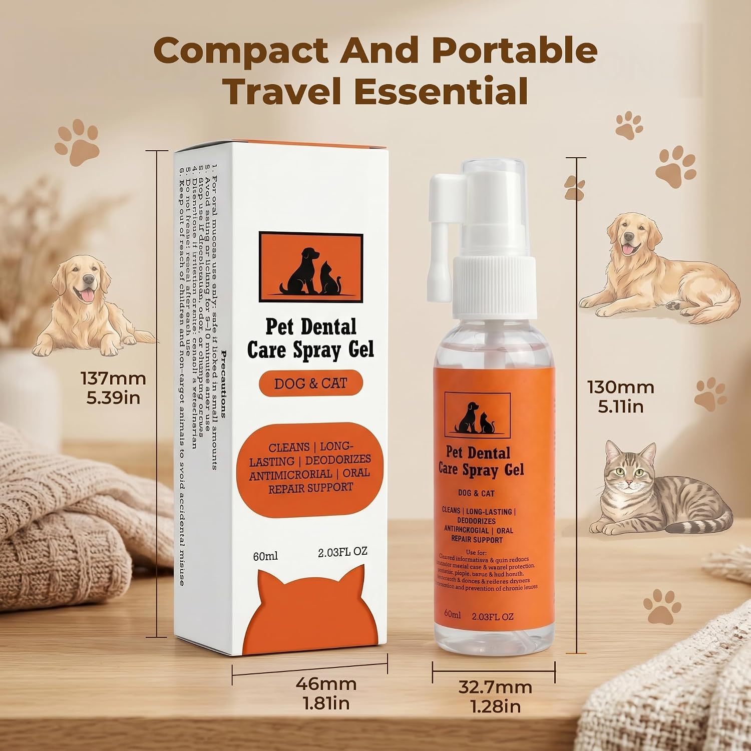 Pet Dental Spray Gel for Dogs & Cats, No Brushing Pet Oral Care Spray, Self-Adhering Gel Film for Teeth Cleaning, Breath Freshener & Plaque Tartar Control, Gum Health Support
