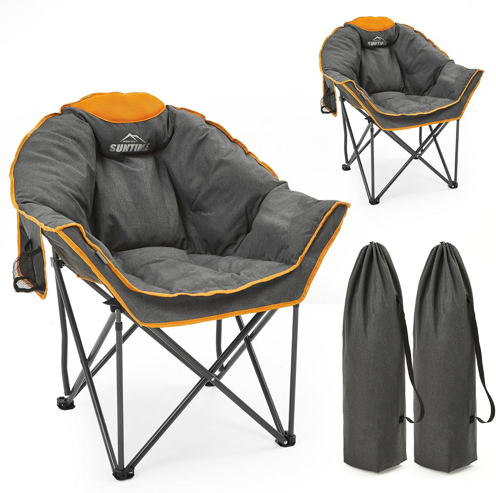 Oversized Padded Comfy Camping Chair for Adults, Portable Padded Lawn Chair, (2 Pack) (Orange)