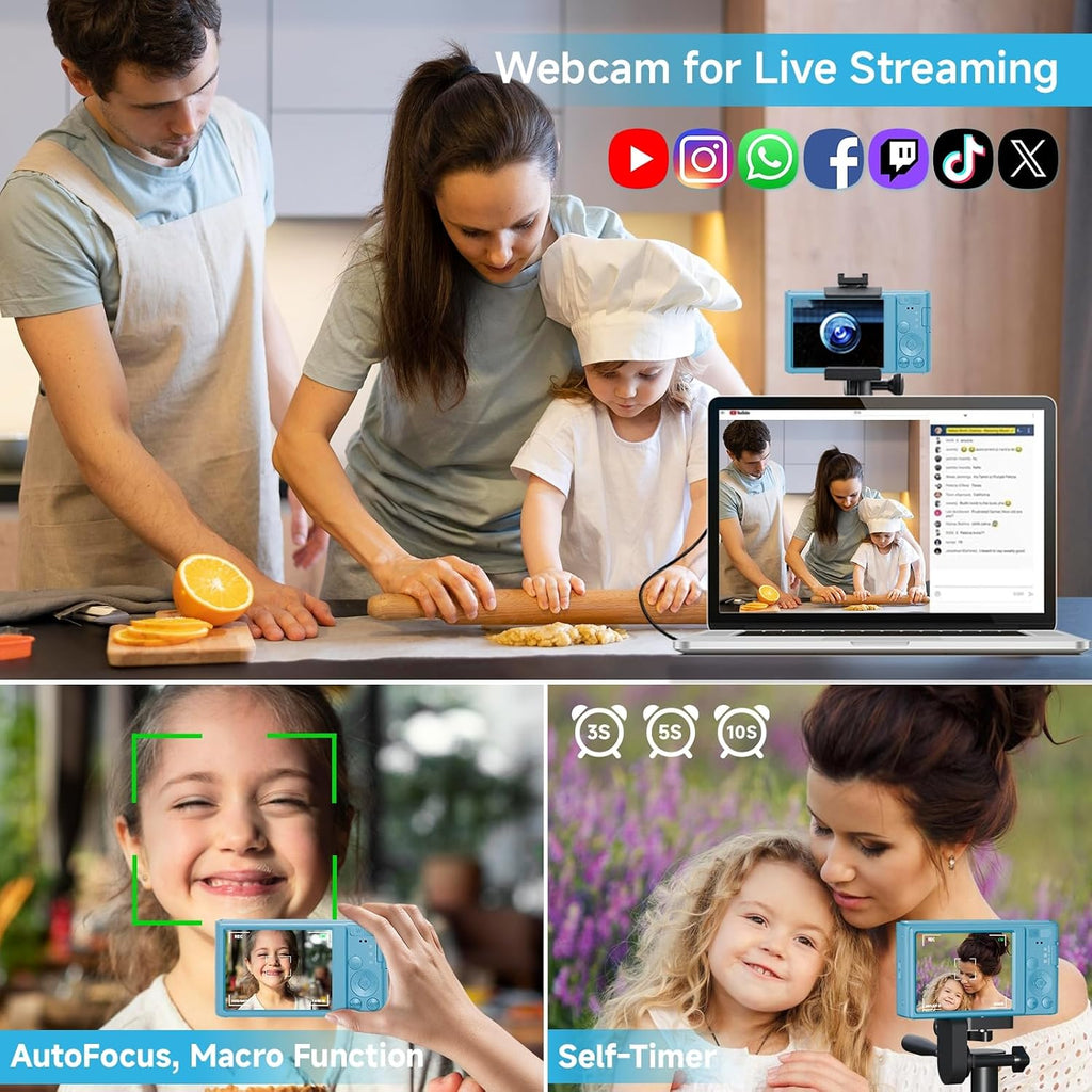 SMARTKLIK Digital Camera for Teens, FHD 4K 44MP with 64GB SD Card, 16X Digital Zoom, Compact Point Shoot Camera Blue