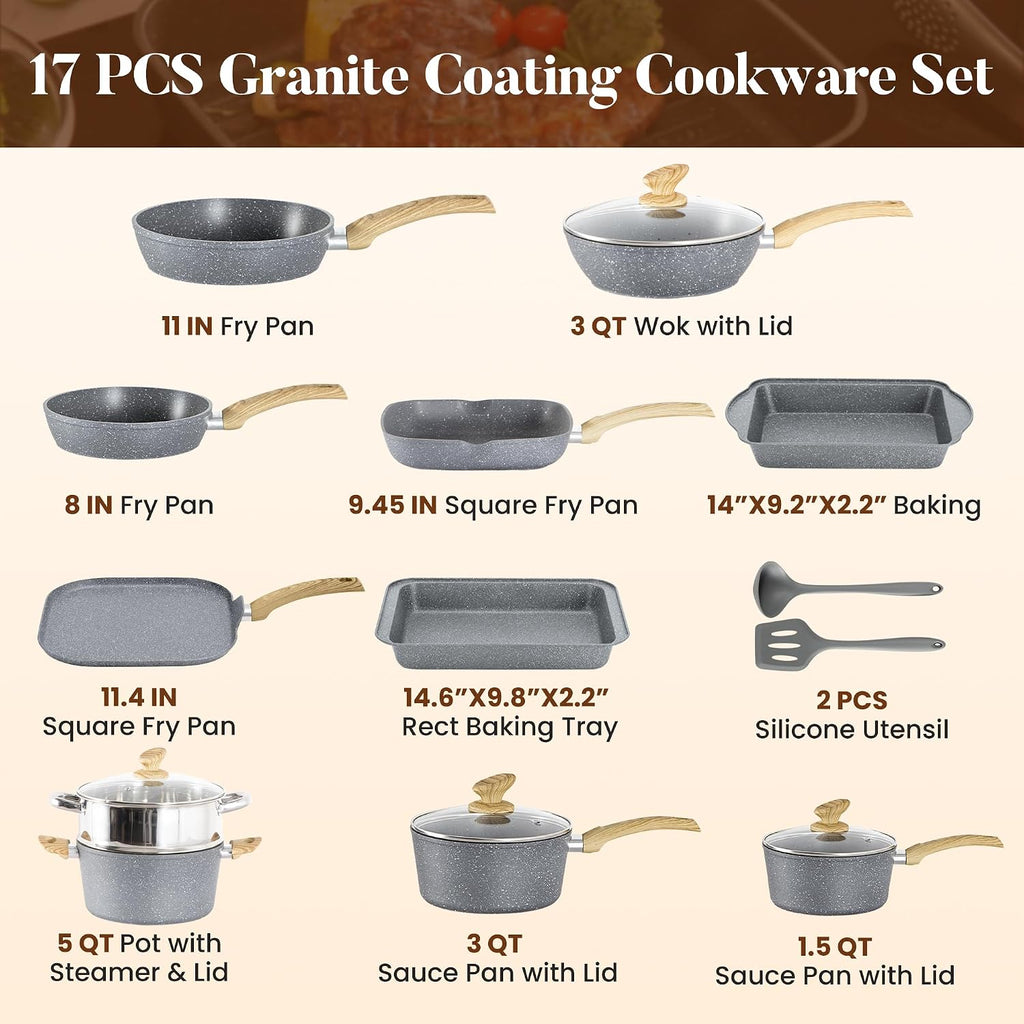Kitchen Academy Granite Pots and Pans Set Non Stick, Induction Cookware