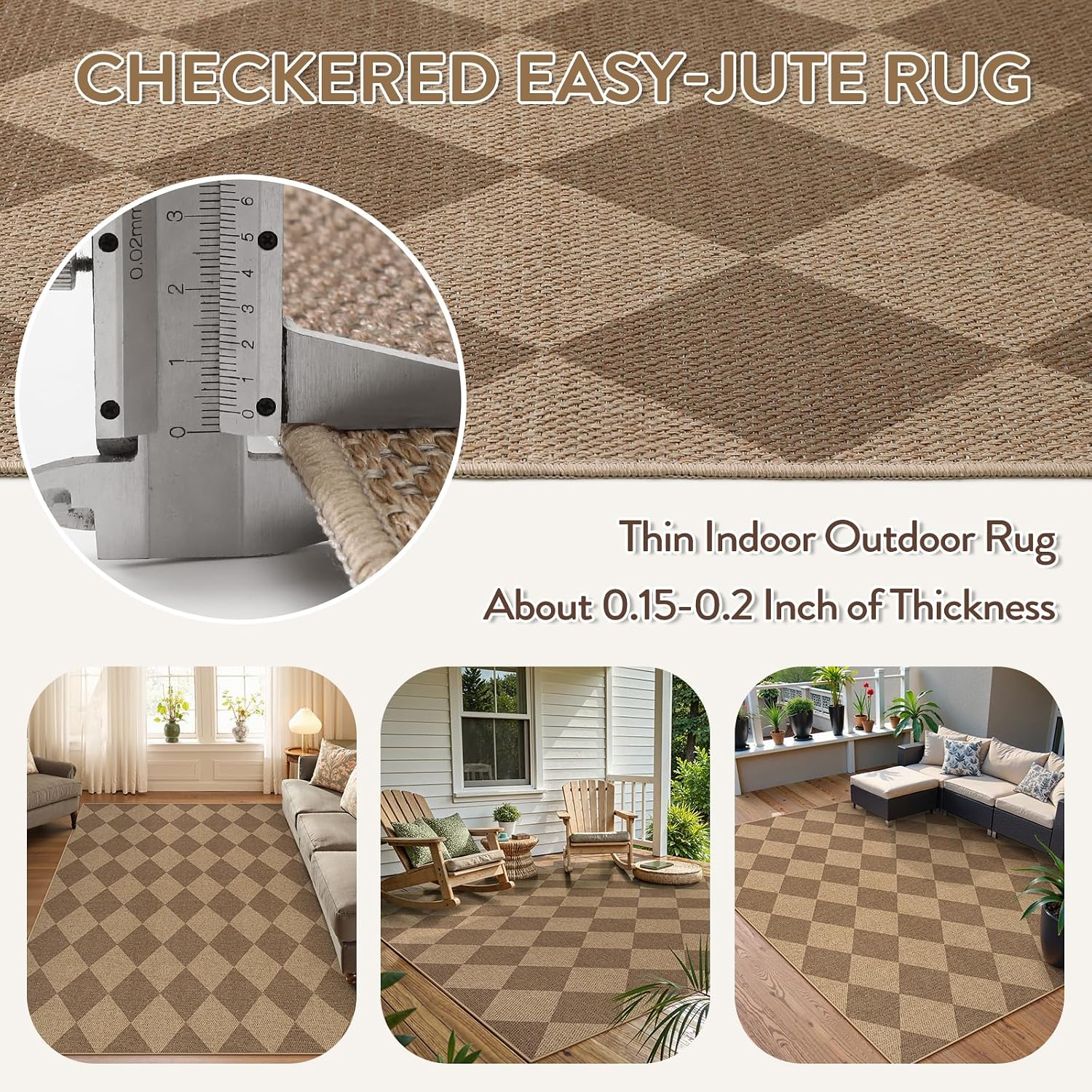 Lahome Checkered Easy Jute 5x7 Outdoor Patio Rug, Living Room Rugs Washable