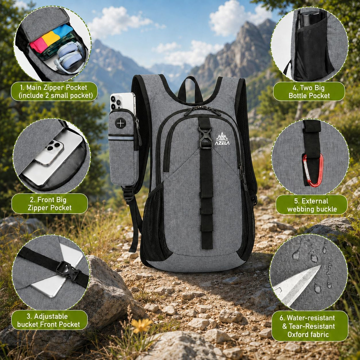 15L Packable Hiking Backpack, Lightweight Daypack with Phone Pocket