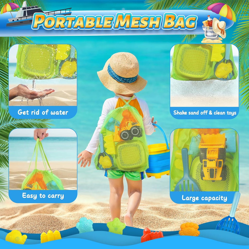 Collapsible Beach Sand Toys for Kids, Sandbox Toys Summer Travel Essentials | Includes Bucket, Sand Shovel, Beach Sifter, Castle Molds, Toddler Beach Toys with Mesh Bag, Outdoor Beach for Kids Girls
