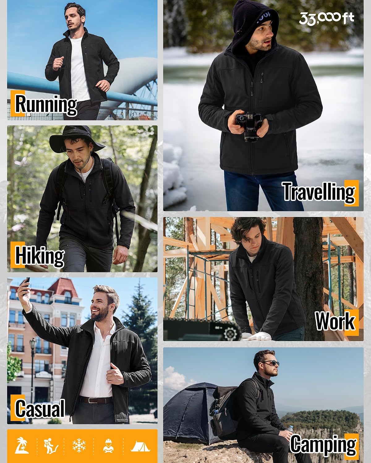 33,000ft Men's Lightweight Softshell Jacket Fleece Waterproof Windbreaker