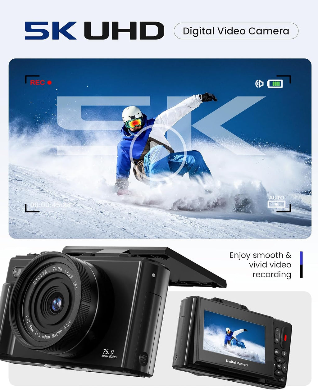 5K 75MP Digital Camera for Photography with WiFi - Autofocus Vlogging Camera for YouTube with 64GB SD Card, 18X Zoom 3" 180° Flip Screen Compact Travel Camera with 2 Batteries for Teens and Beginner