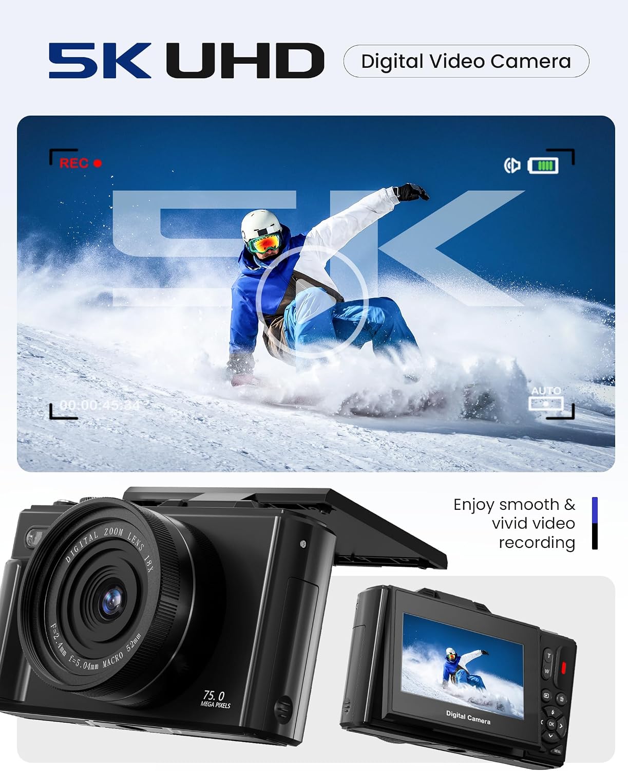 5K 75MP Digital Camera for Photography with WiFi - Autofocus Vlogging Camera for YouTube with 64GB SD Card, 18X Zoom 3" 180° Flip Screen Compact Travel Camera with 2 Batteries for Teens and Beginner