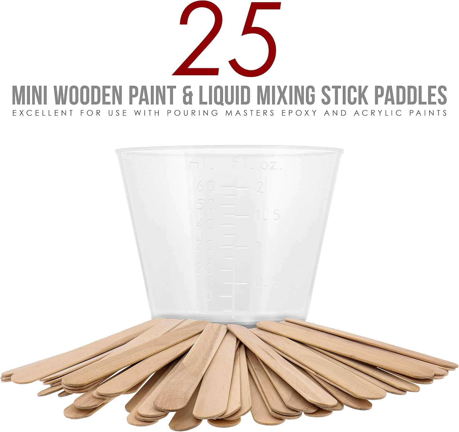 Pouring Masters 2 Oz (60 ml) Liquid Measuring Cups, 100 Pack with 25 Sticks