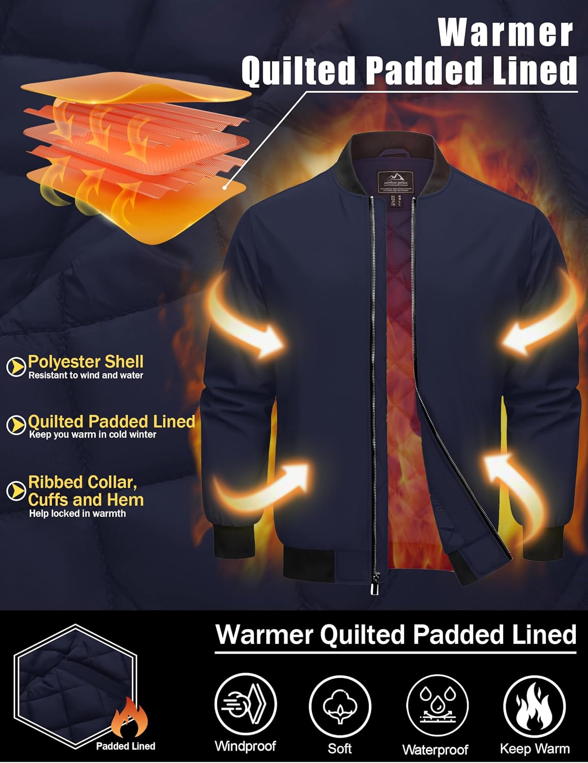Cotrasen Men's Bomber Jacket Fall Winter Windbreaker Warm Quilted Coats