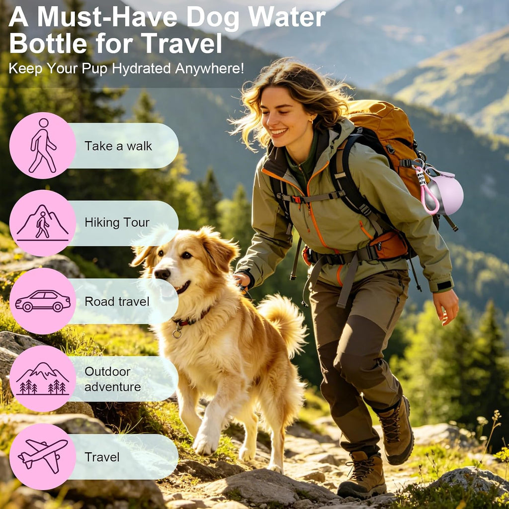 2 in 1 Dog Water Bottle with Bowl, 10oz Stainless Steel - Pink