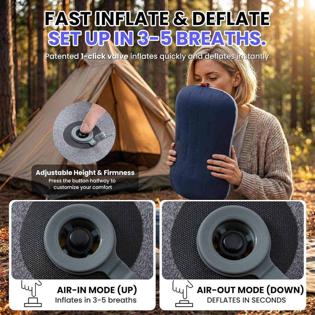 Inflatable Camping Pillow - Ultralight Compact Air Pillow for Travel, Backpacking & Hiking - Ergonomic Neck & Lumbar Support - Portable Inflatable Pillow with Removable Washable Cover - (Navy Blue)