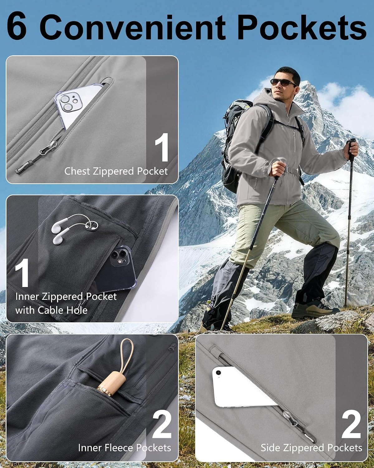 Outdoor Ventures Men's Softshell Jacket Waterproof Fleece Rain Shell Coat