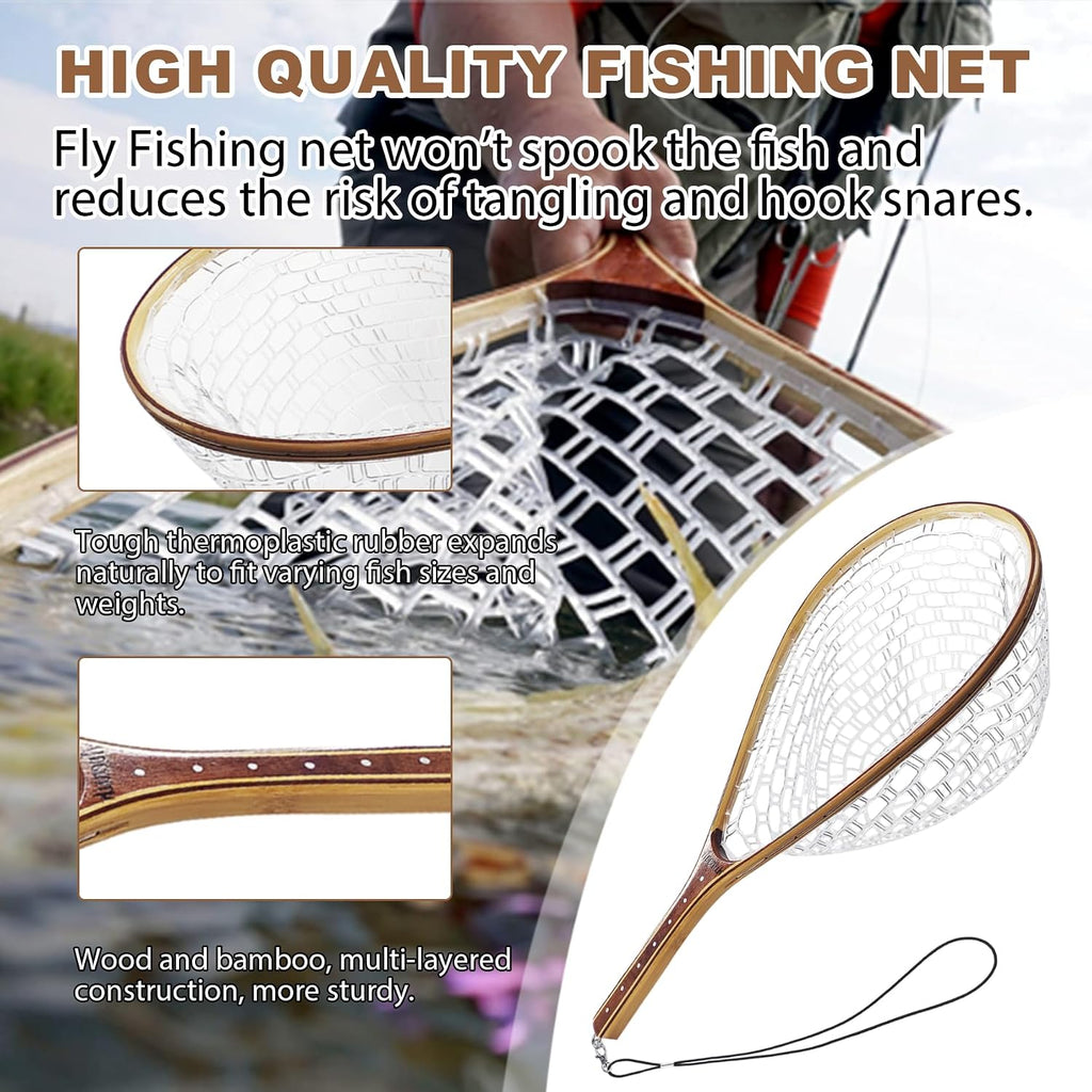 Aventik Fly Fishing Landing Net for Trout Soft Rubber Ghost Mesh Catch and Release Wooden Frame Lightweight and Tangle-Free