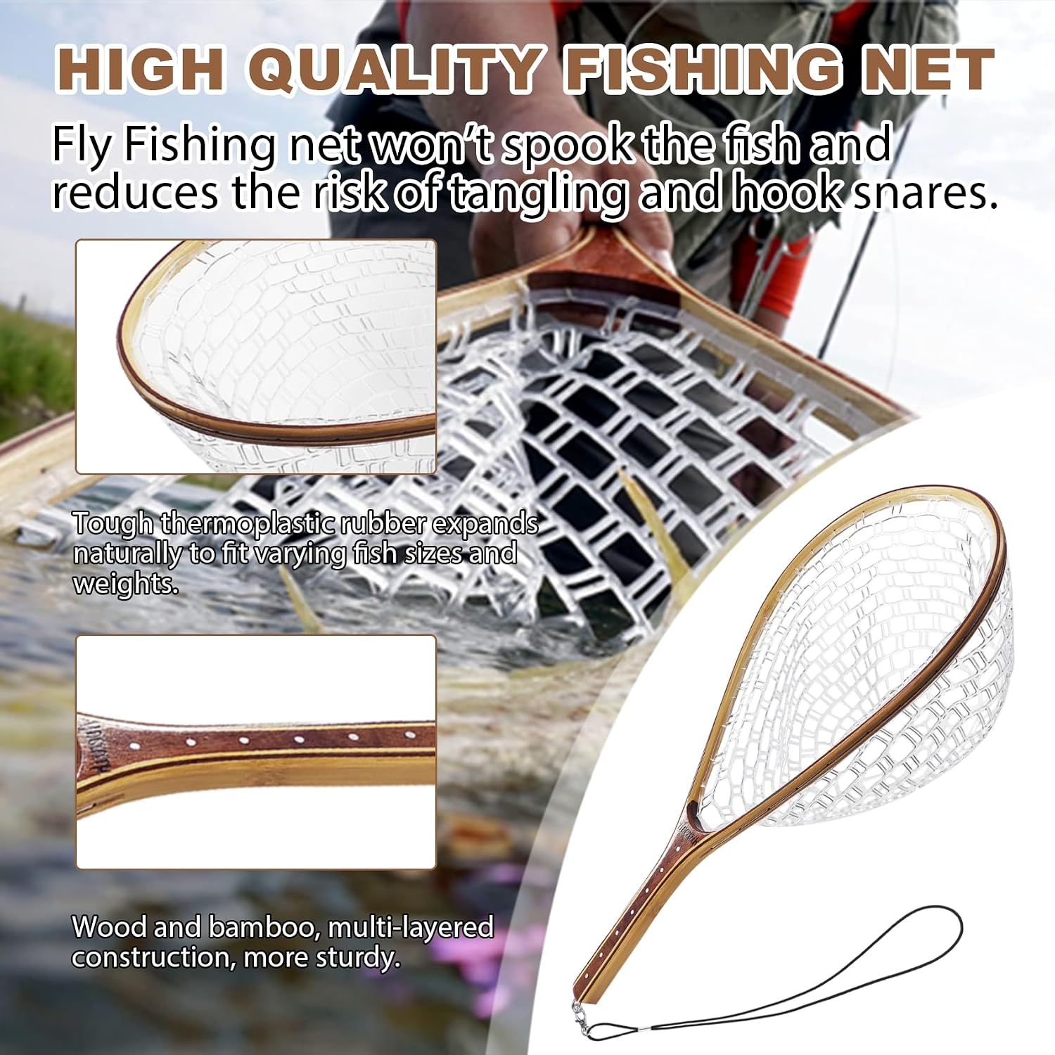 Aventik Fly Fishing Landing Net for Trout Soft Rubber Ghost Mesh Catch and Release Wooden Frame Lightweight and Tangle-Free
