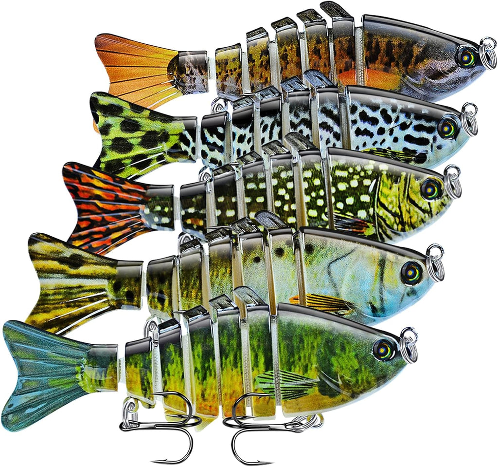 Keenjorika 5-Pack Fishing Lures Multi Jointed Fish Fishing Kits, Slow-Sinking Lifelike Segmented Swimbait Crankbaits, Realistic Swimming Action for Bass, Trout, Pike & Walleye – Freshwater & Saltwater