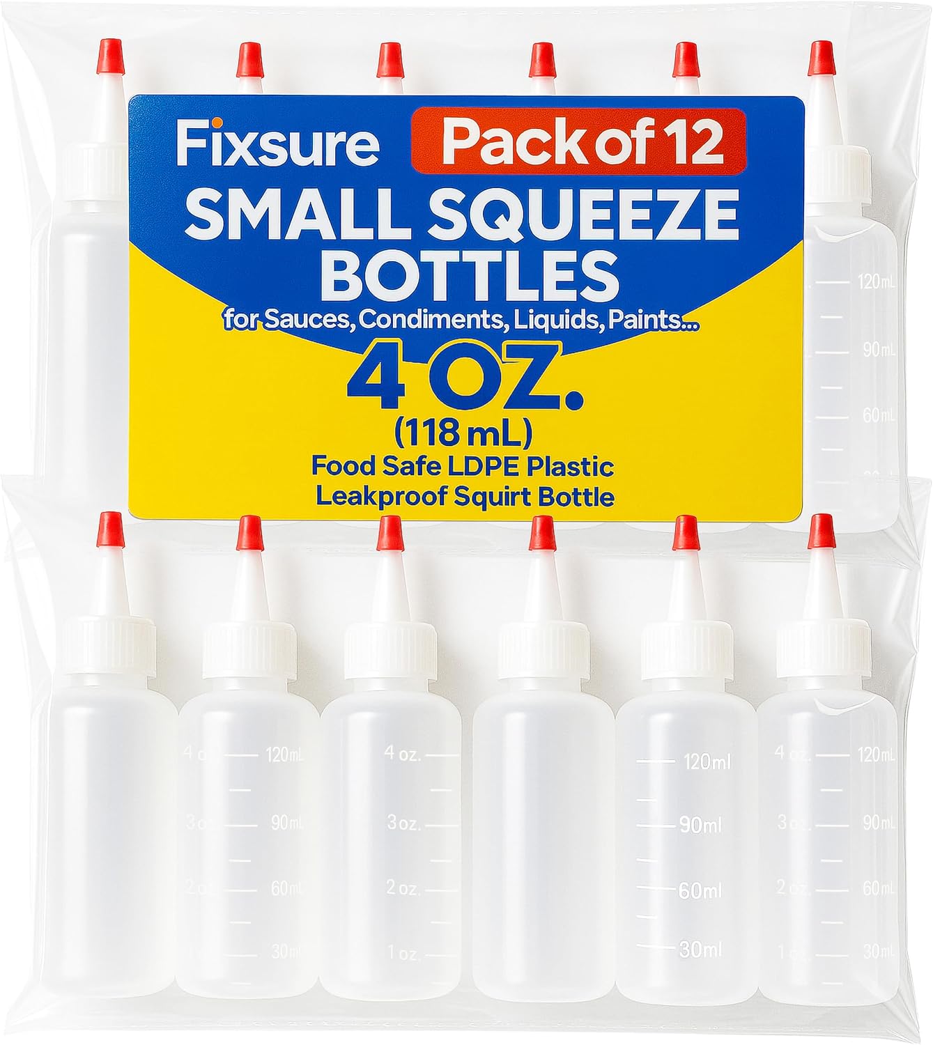 FIXSURE Plastic Squeeze Bottles with Red Tip Cap, 4 Oz Squirt Bottle For Ketchup, BBQ, Sauces, Syrup, Condiments, Oil, Pancake, Cookie Decorating, Dressings, Travel, Camping, Lab, Arts and Crafts (2)
